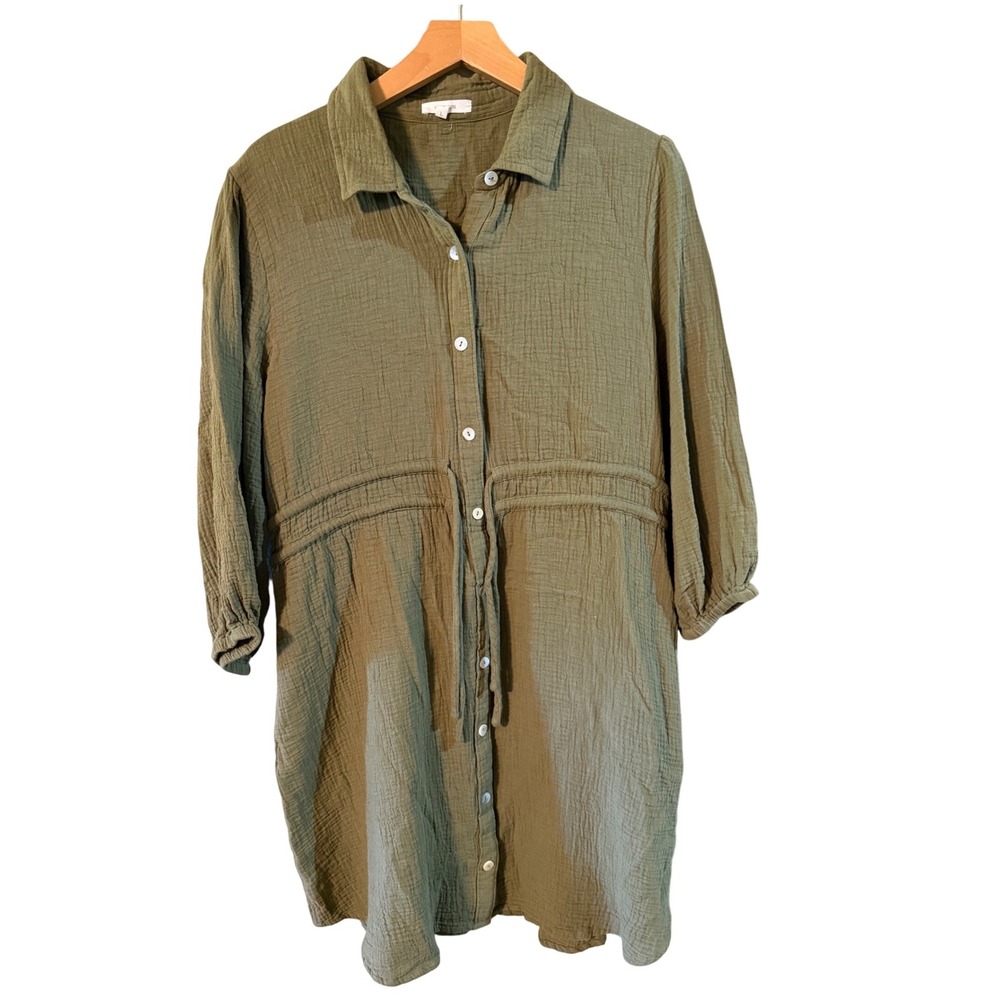 Maurices Womens Olive Green Cotton Gauze Button Down Shirt Dress Tunic Large L
